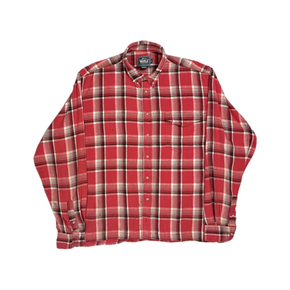 Vtg 80s Woolrich red black plaid distressed button down flannel shirt mens XL
